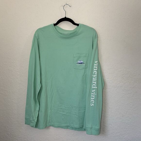 Vineyard Vines T-Shirt Men L Green Long Sleeve Rowing Pocket Spellout Logo Tee - Picture 2 of 7